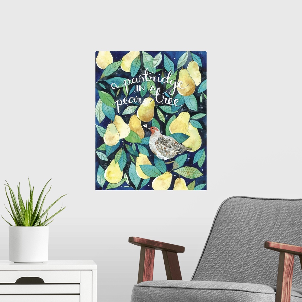 A modern room featuring Beautiful watercolor painting of a Partridge bird sitting amongst ripe yellow pears and green lea...