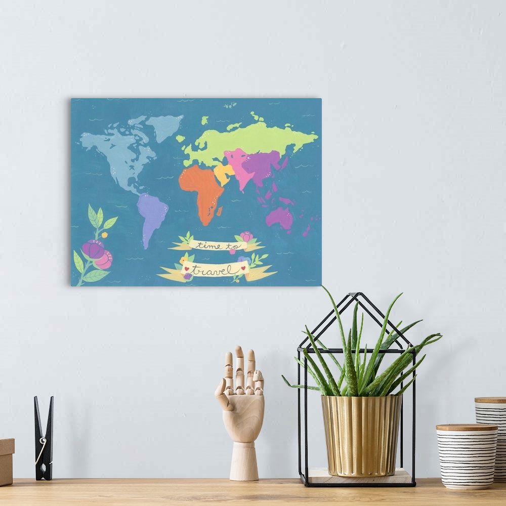 A bohemian room featuring Simple map of the world with the continents differentiated by color with a flower and banner.