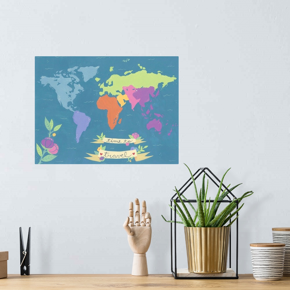 A bohemian room featuring Simple map of the world with the continents differentiated by color with a flower and banner.