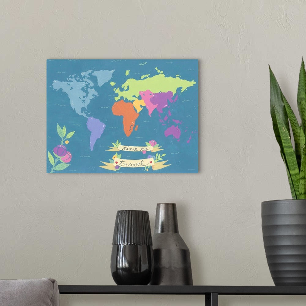 A modern room featuring Simple map of the world with the continents differentiated by color with a flower and banner.
