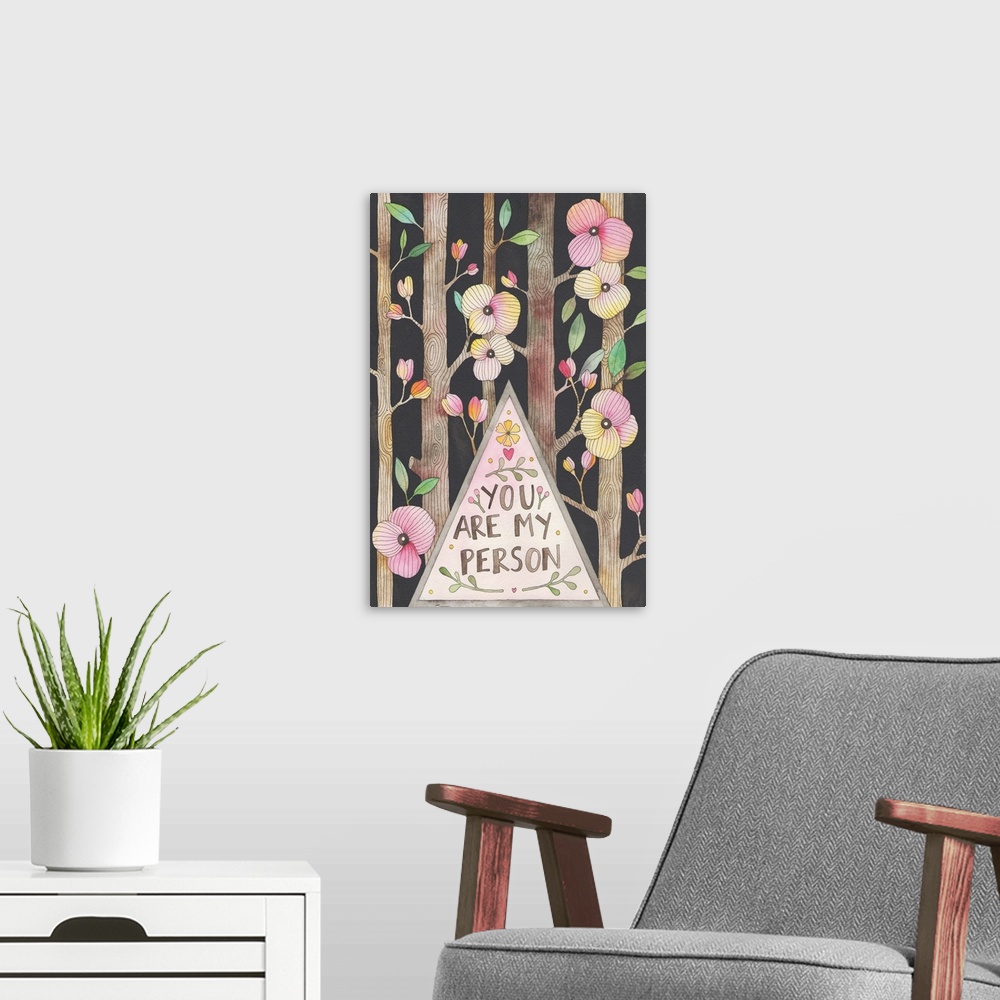 A modern room featuring Contemporary painting of four branches full of flowers surrounding a triangle with text.