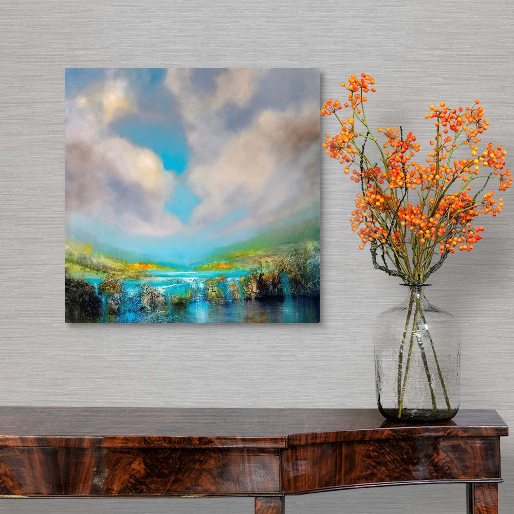 A traditional room featuring Abstract painted landscape with vivid structures. Wide horizon, clouds, bright light, a river wit...