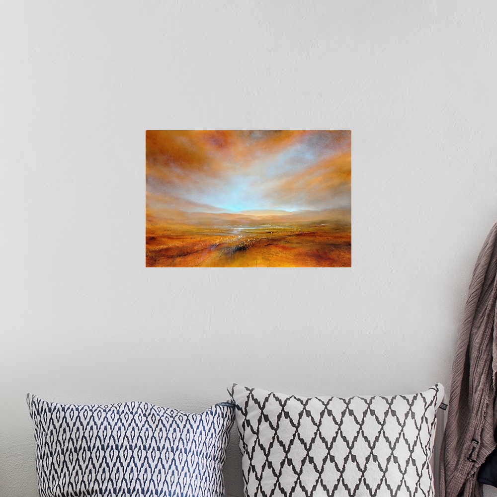 A bohemian room featuring Abstract painted landscape with vivid structures. Wide horizon, clouds, bright light,  intense bl...