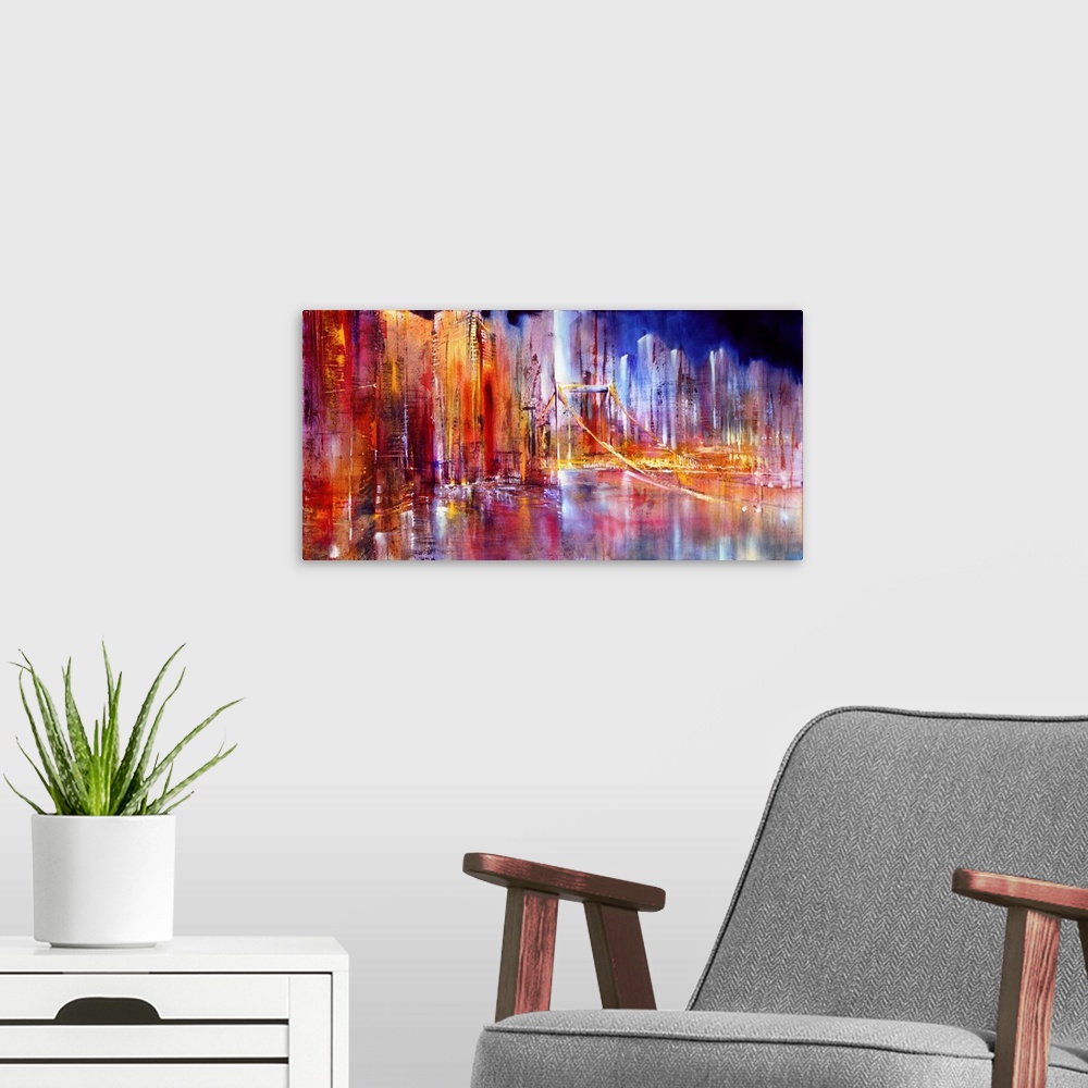 A modern room featuring Abstractly painted cityscape in bright colors and structures: on the way on a suspension bridge, ...