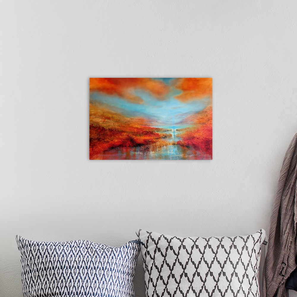 A bohemian room featuring Abstract painted landscape with vivid structures. Wide horizon, clouds, bright light, a river wit...