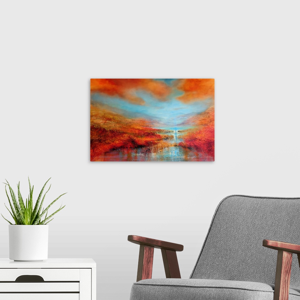 A modern room featuring Abstract painted landscape with vivid structures. Wide horizon, clouds, bright light, a river wit...