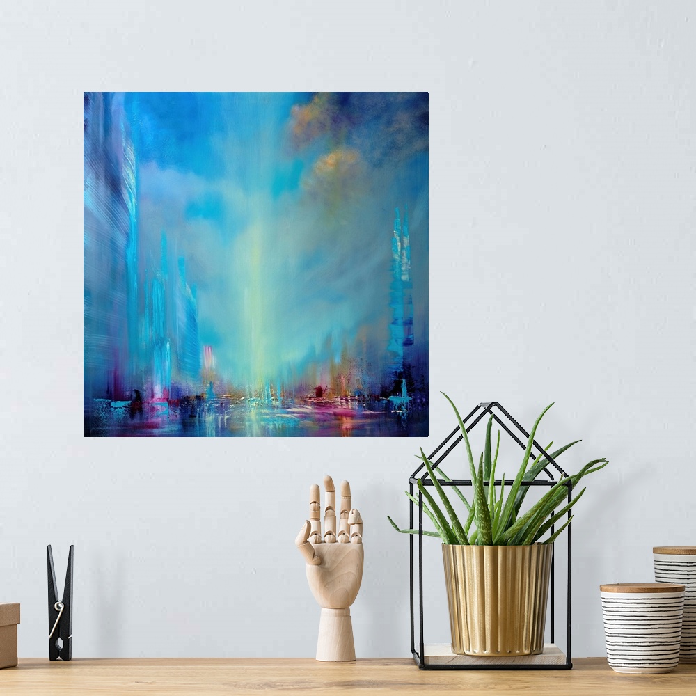 A bohemian room featuring Abstractly painted cityscape with a wide blue sky with clouds; reflection in the water, endless w...