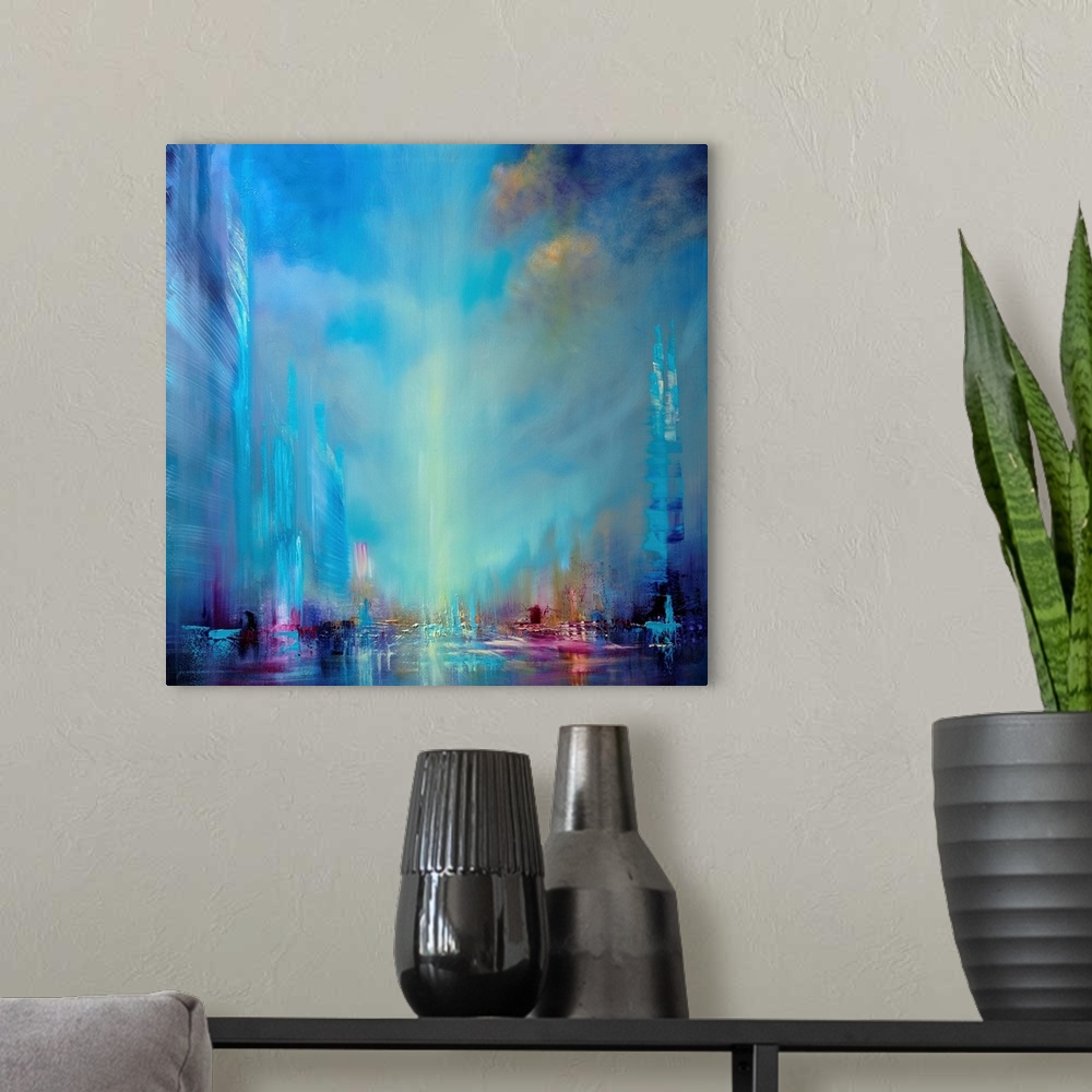A modern room featuring Abstractly painted cityscape with a wide blue sky with clouds; reflection in the water, endless w...