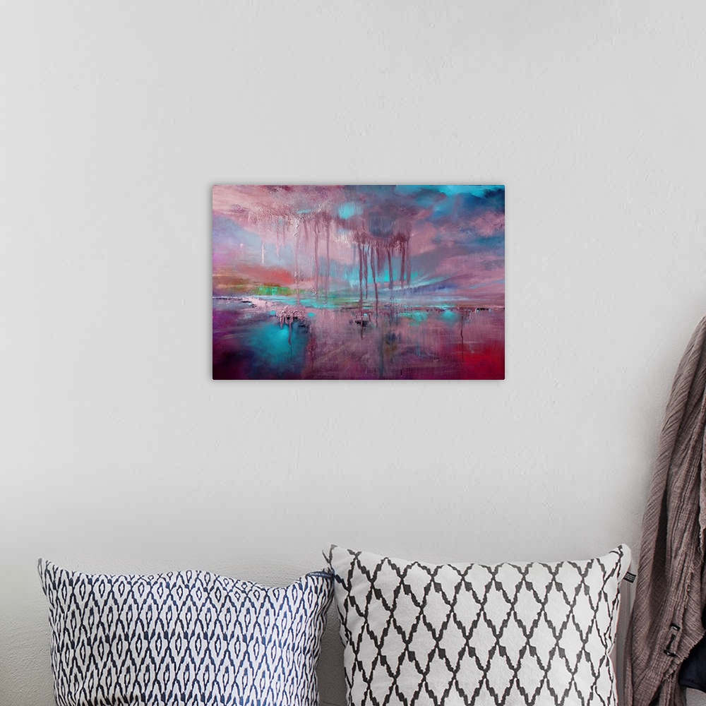 A bohemian room featuring Abstract painted landscape with vivid structures. Wide horizon, clouds, bright light, intense blu...