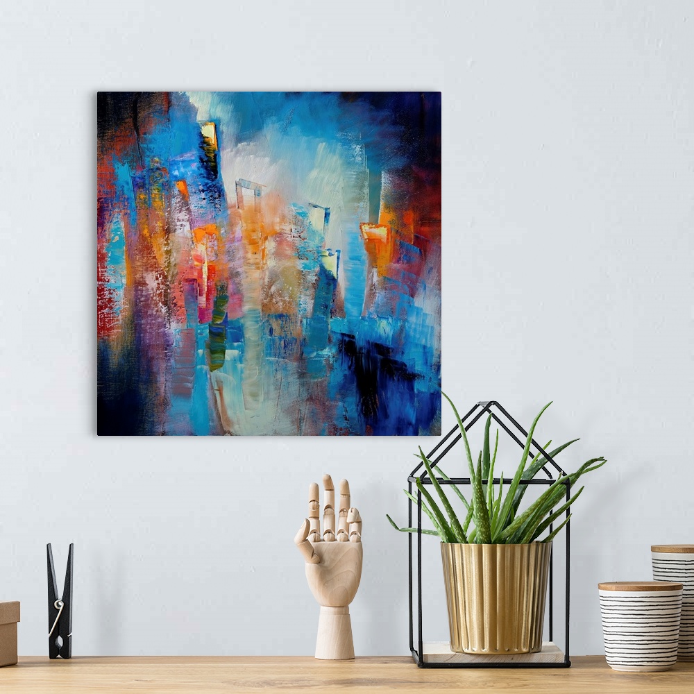 A bohemian room featuring Ici Et Maintenant (Composition In Blue And Orange II)