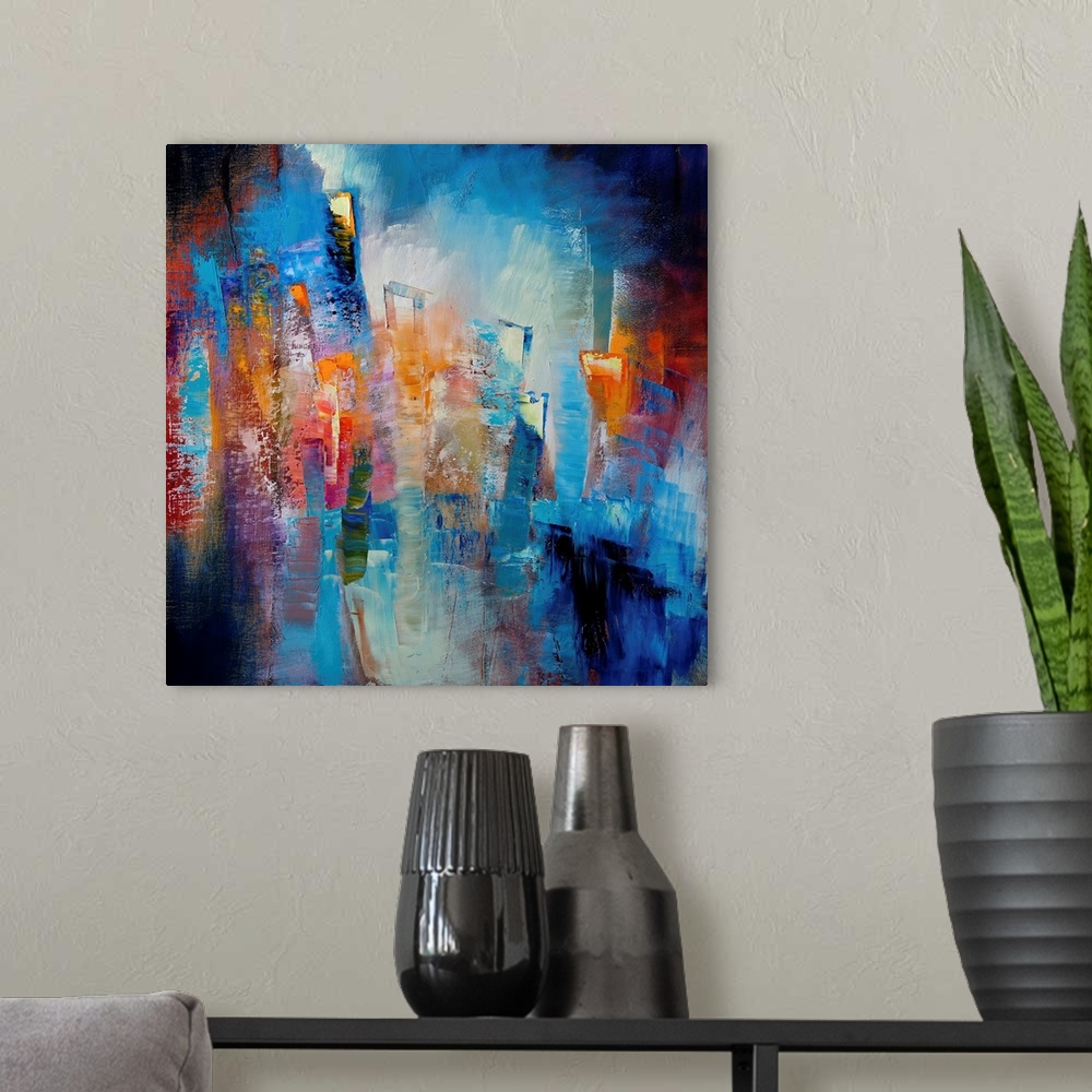 A modern room featuring Ici Et Maintenant (Composition In Blue And Orange II)