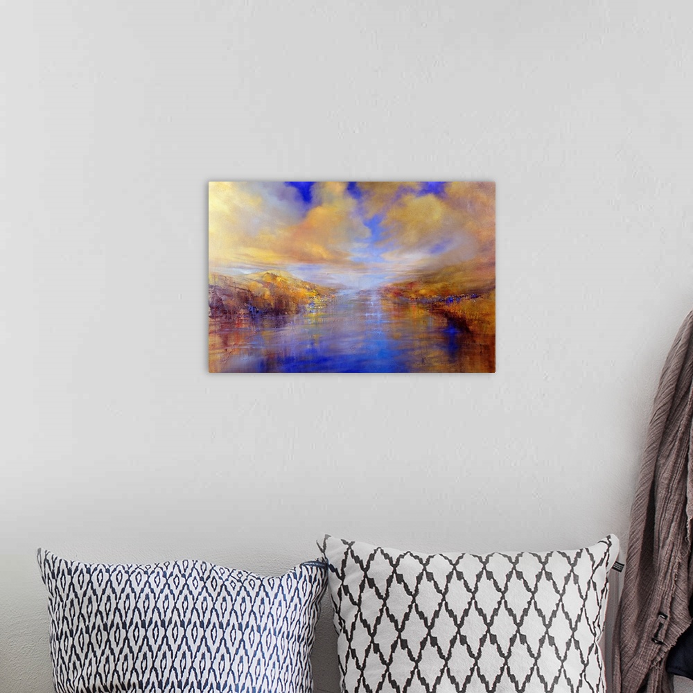 A bohemian room featuring Abstract painted landscape with vivid structures. Wide horizon, clouds, bright light, a river wit...