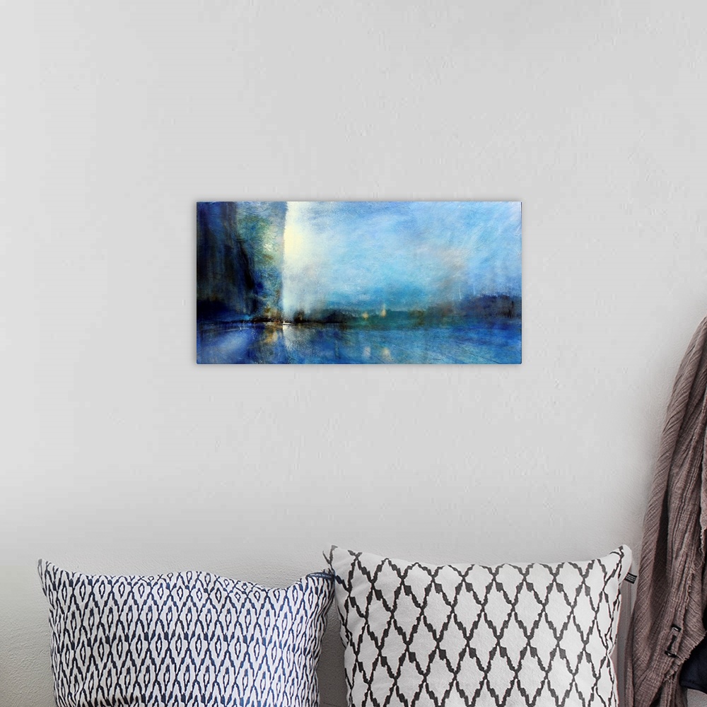 A bohemian room featuring A deep blue contemporary abstract painting that resembles a street at night or an urban landscape