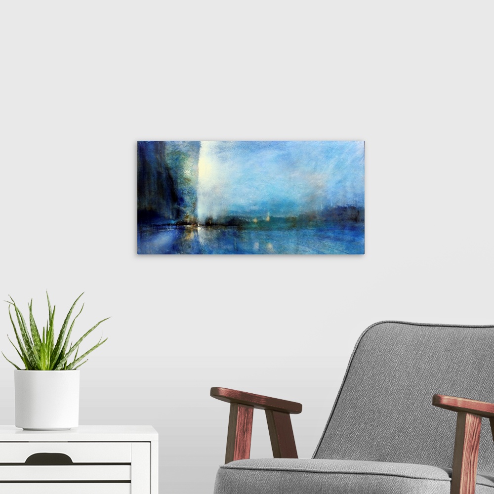 A modern room featuring A deep blue contemporary abstract painting that resembles a street at night or an urban landscape