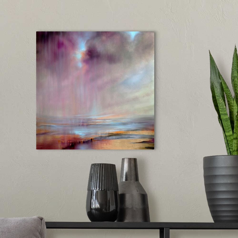 A modern room featuring Abstract painted landscape with vivid structures. Wide horizon, clouds, bright light and falling ...