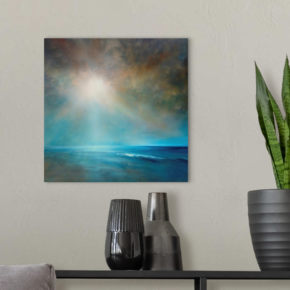 A modern room featuring Power And Silence - The Sun Behind Dark Clouds Over The Blue Sea