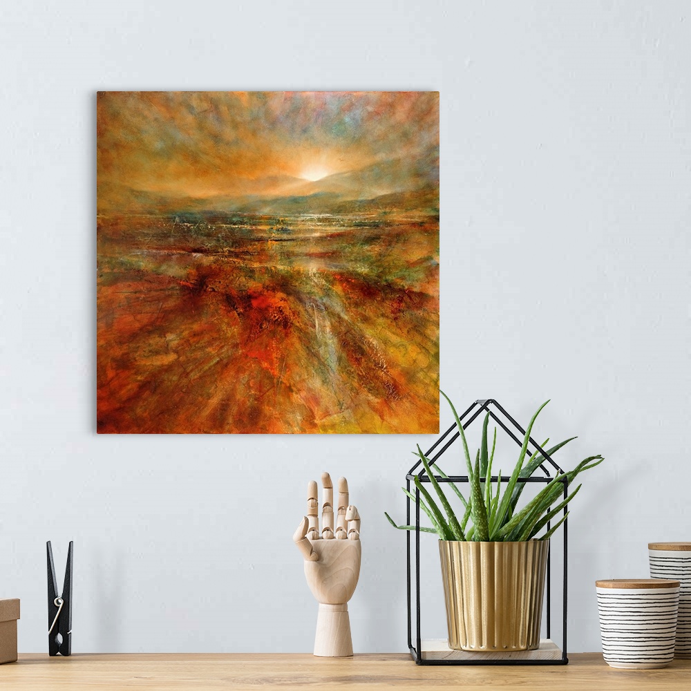 A bohemian room featuring Abstract painted landscape with vivid structures. Wide horizon, clouds, bright light, sunrise or ...