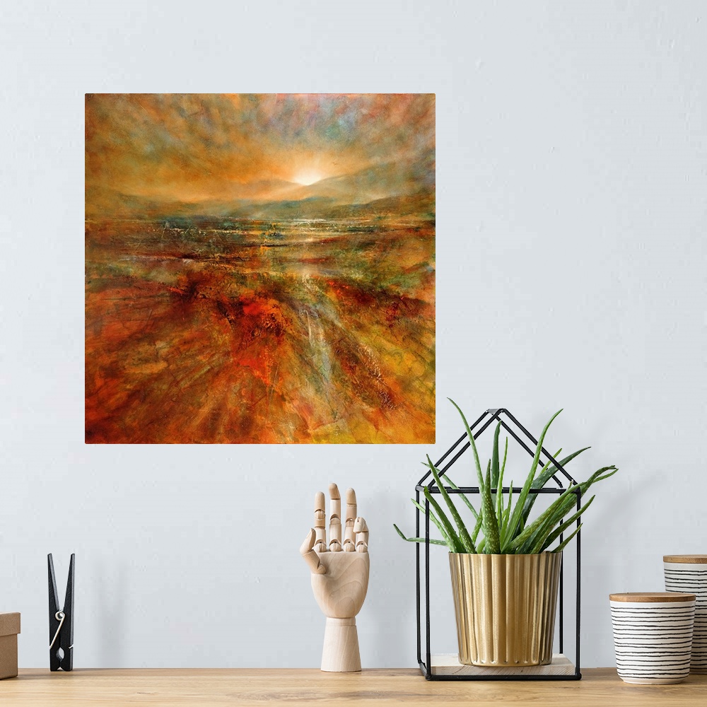 A bohemian room featuring Abstract painted landscape with vivid structures. Wide horizon, clouds, bright light, sunrise or ...