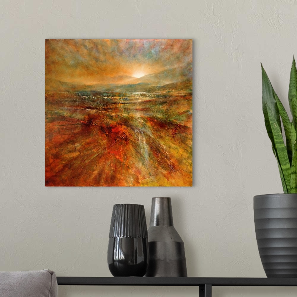 A modern room featuring Abstract painted landscape with vivid structures. Wide horizon, clouds, bright light, sunrise or ...