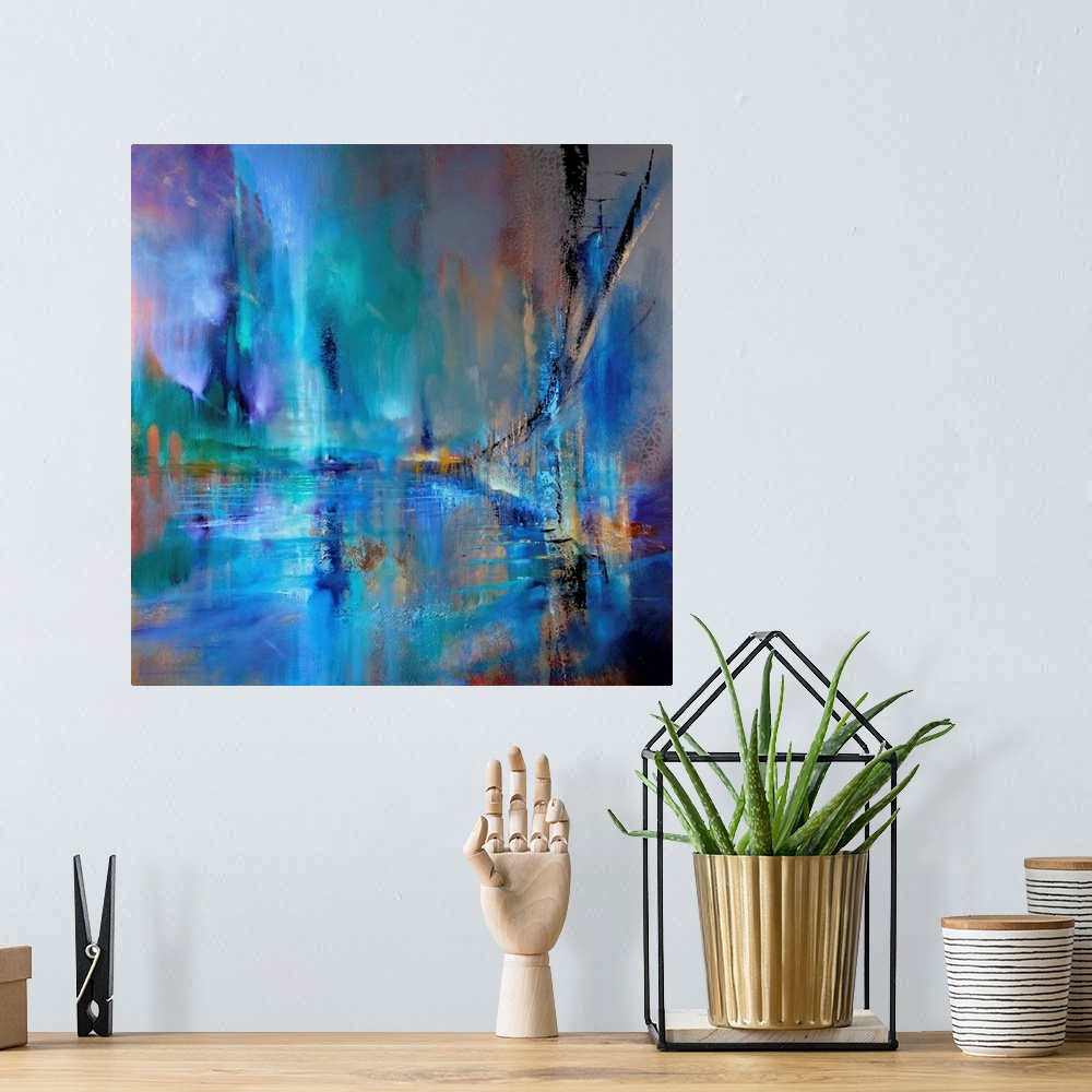 A bohemian room featuring Abstractly painted cityscape in bright colors and structures: on the way on a suspension bridge, ...