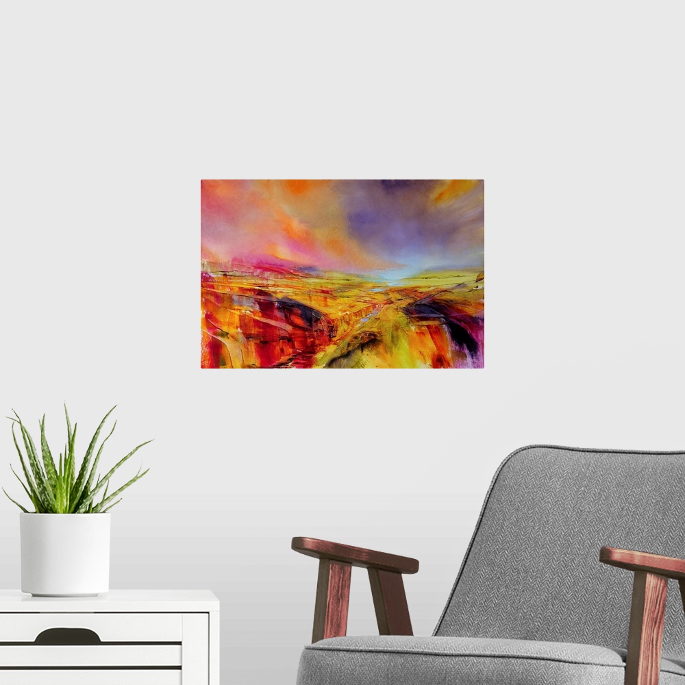 A modern room featuring Abstract painted landscape with vivid structures. Wide horizon, clouds, bright light,  intense bl...