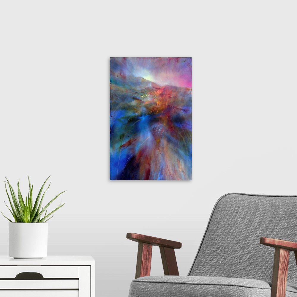 A modern room featuring Abstract painted landscape with vivid structures. Wide horizon, clouds, bright light, intense blu...