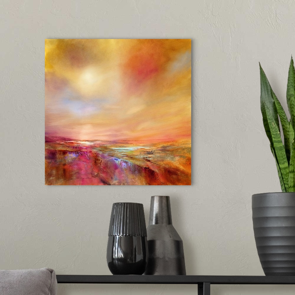 A modern room featuring Abstract painted landscape with vivid structures. Wide horizon, clouds, bright light,  soft  blue...