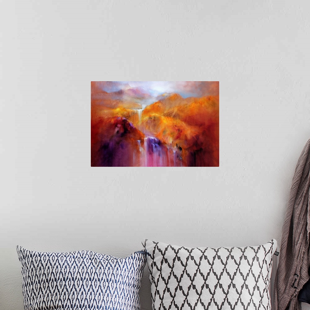 A bohemian room featuring Abstract painted landscape with vivid structures. Wide horizon, clouds, bright light,  intense bl...