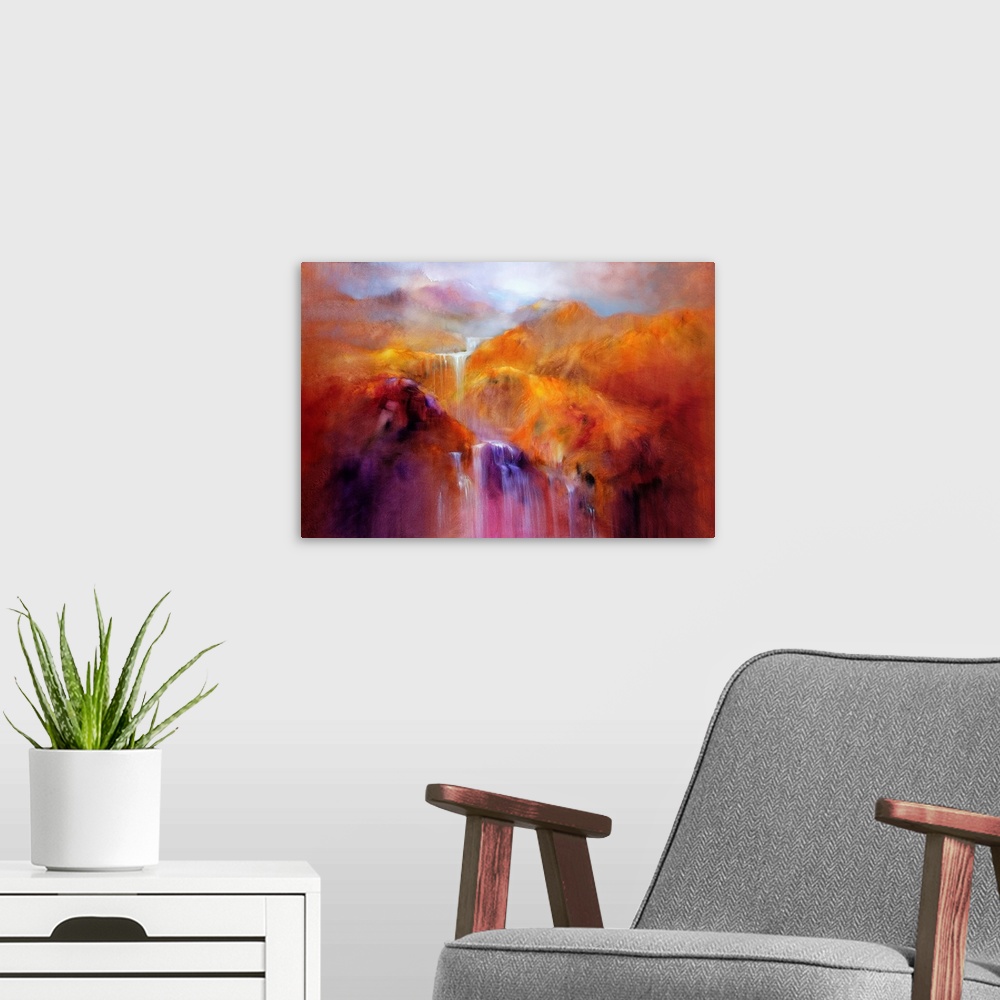 A modern room featuring Abstract painted landscape with vivid structures. Wide horizon, clouds, bright light,  intense bl...