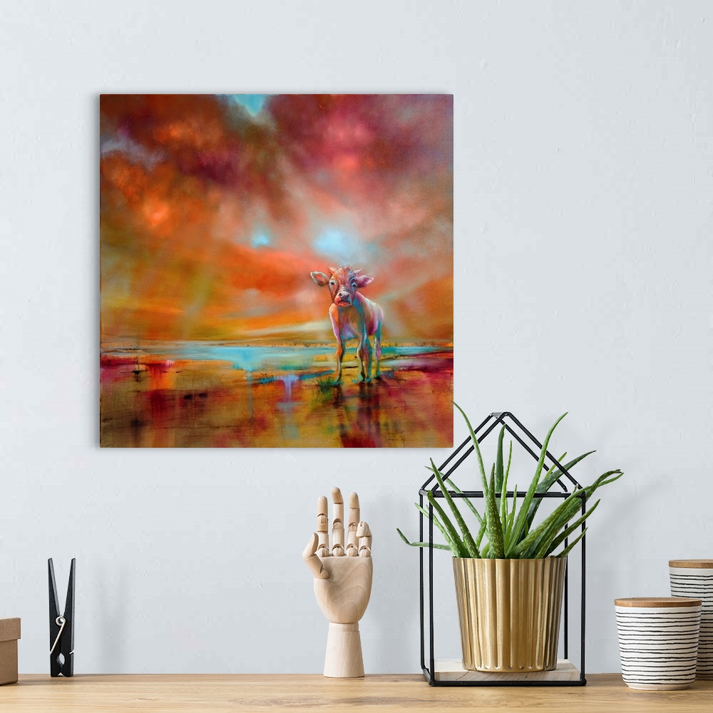 A bohemian room featuring Abstract painted landscape with vivid structures and a colorful painted cow. Wide horizon, clouds...