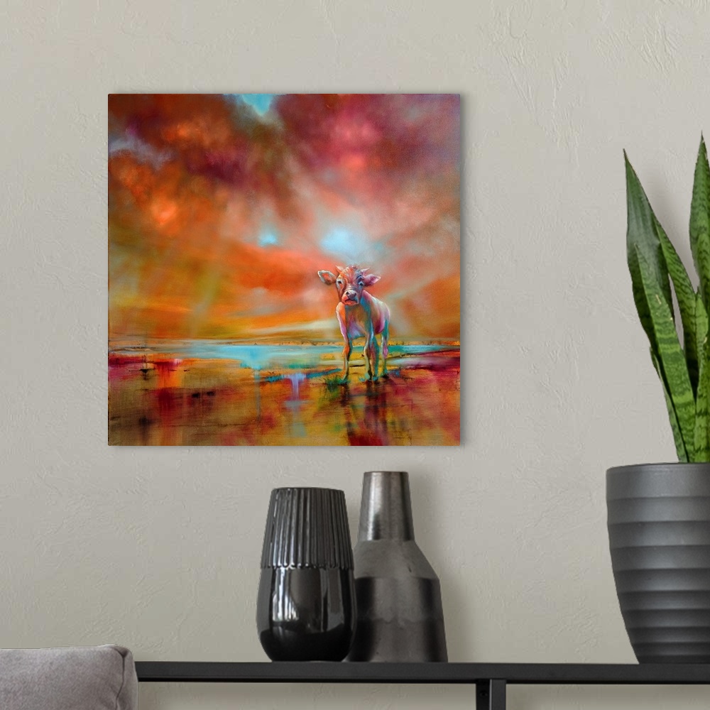 A modern room featuring Abstract painted landscape with vivid structures and a colorful painted cow. Wide horizon, clouds...