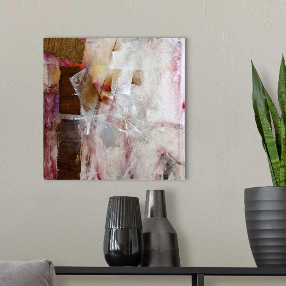 A modern room featuring A multi-layered contemporary abstract painting in neutral and dark pink shades with a lot of texture