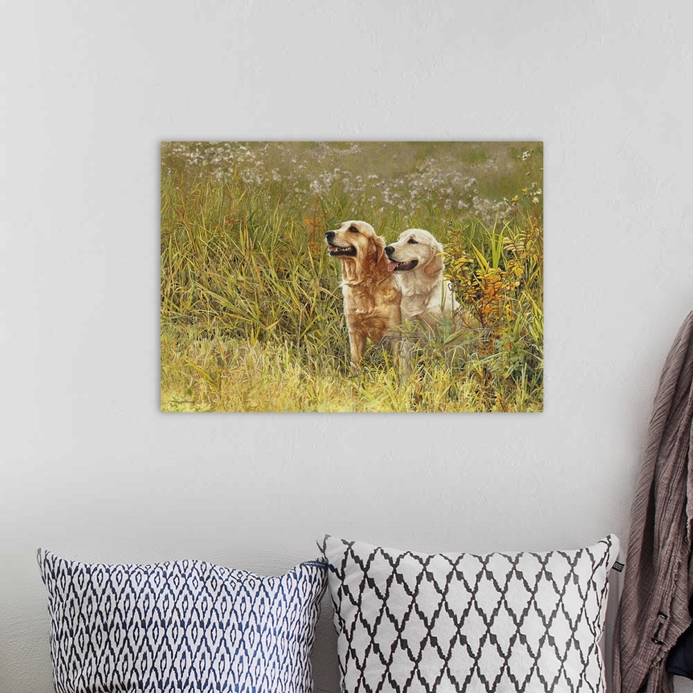 A bohemian room featuring A image of a pair of Labradors sitting in a field of tall grass.