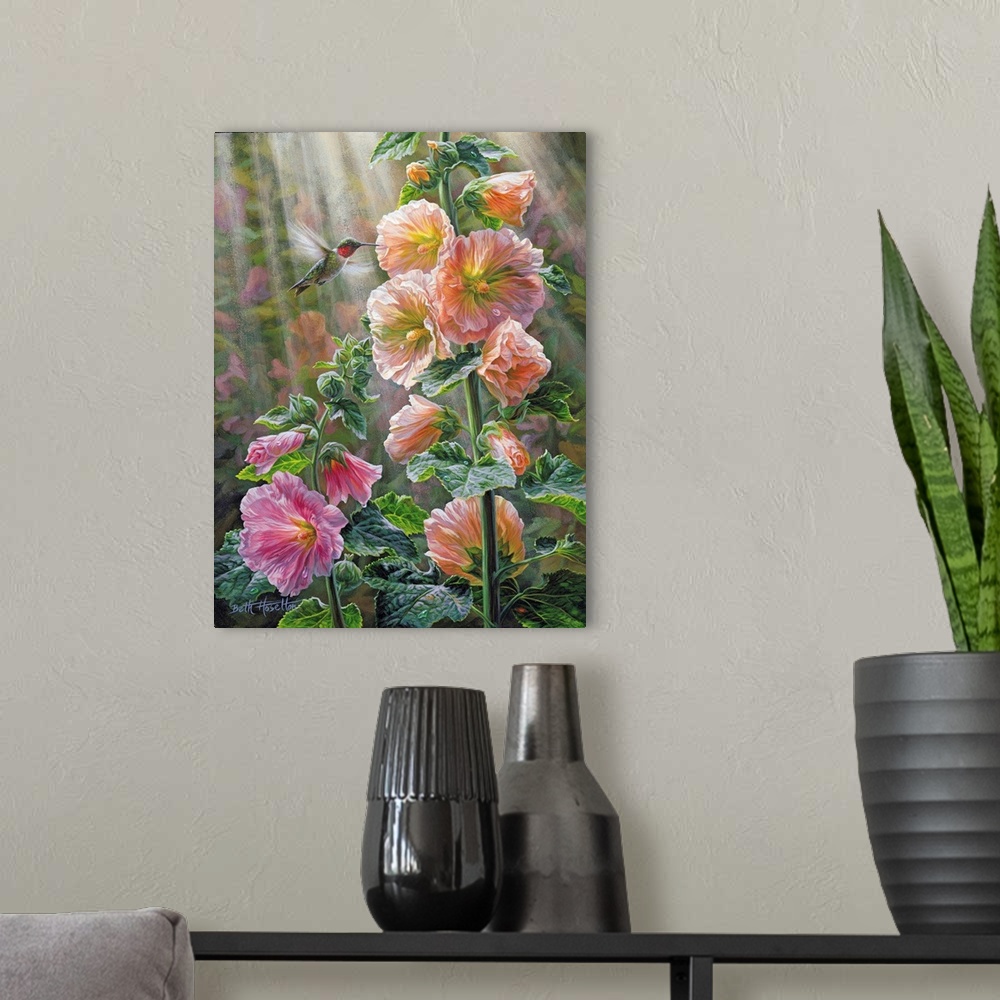 A modern room featuring After The Rain - Ruby Throated Hummingbird And Hollyhocks