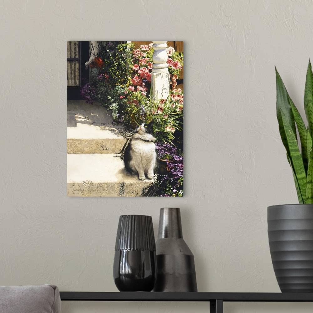 A modern room featuring A vertical image of a black and white cat sitting on the steps of a porch covered in flowers.