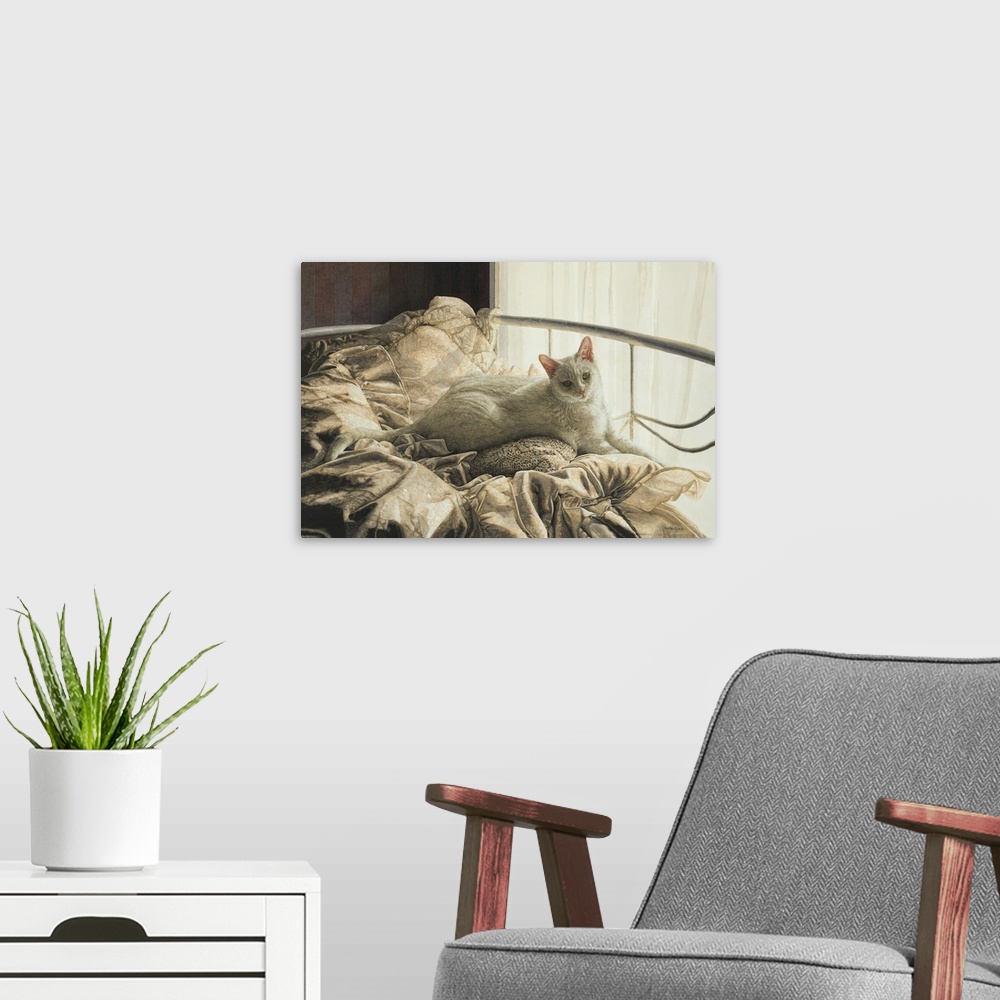 A modern room featuring A horizontal image of a white cat paying of a daybed with white covers.