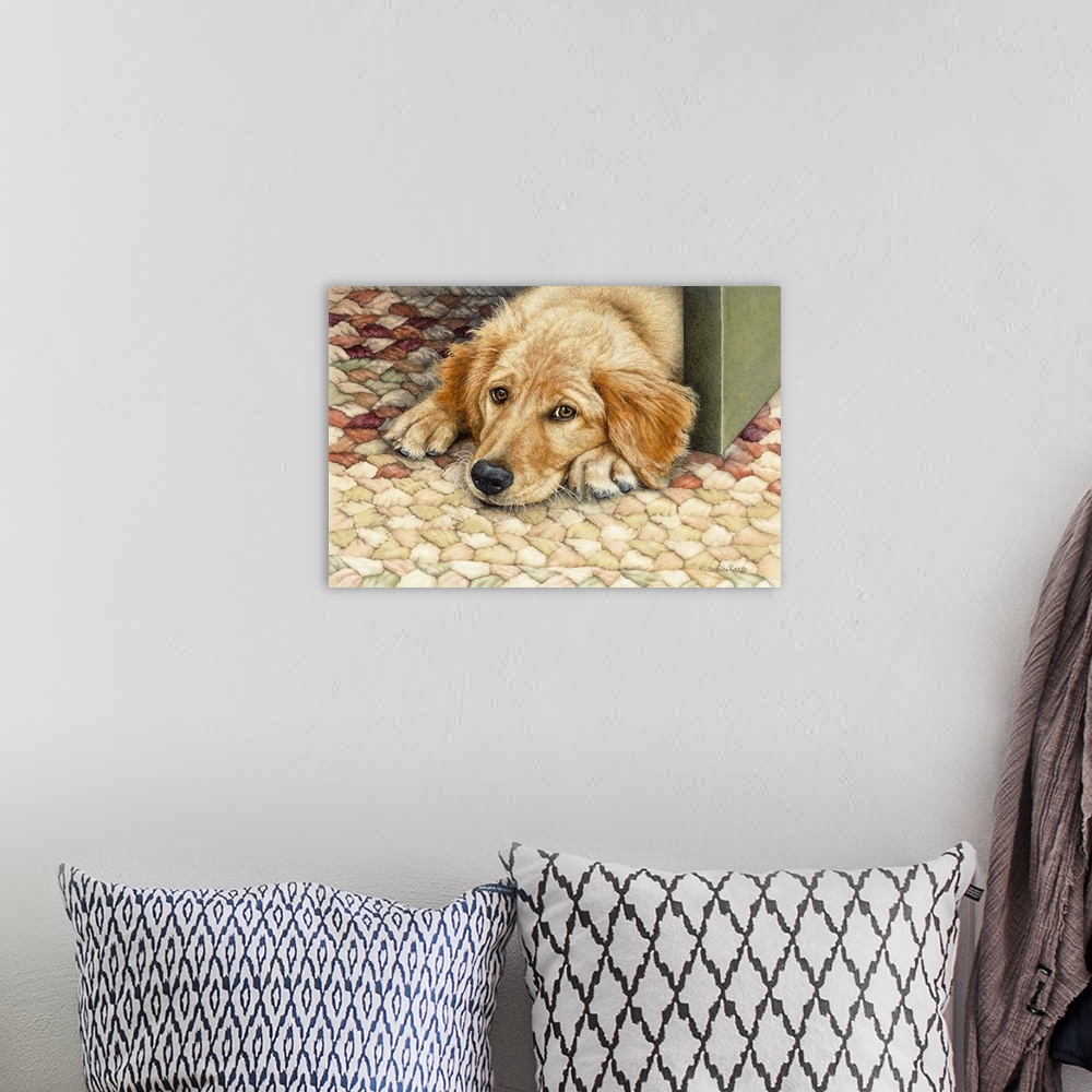 A bohemian room featuring A yellow Labrador laying on a rug next to a door.