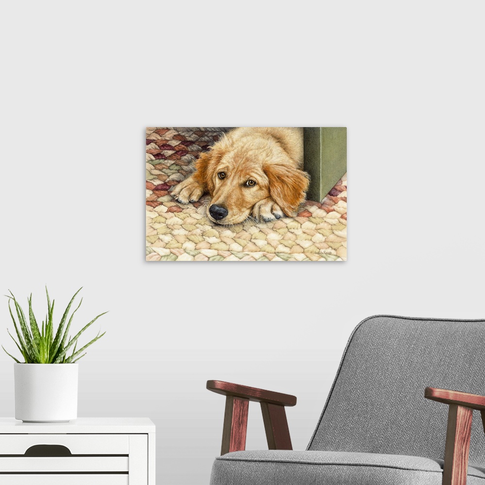 A modern room featuring A yellow Labrador laying on a rug next to a door.