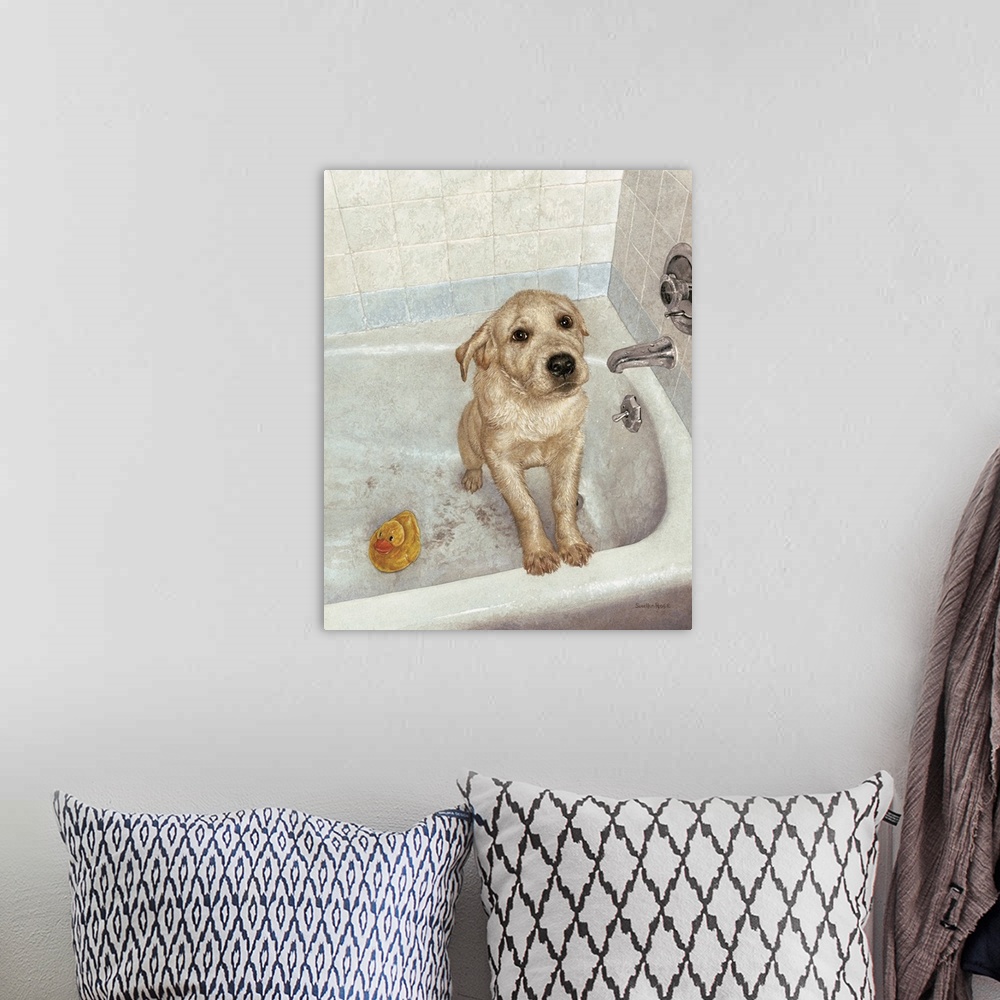 A bohemian room featuring A yellow Labrador puppy getting a bath in a tub.