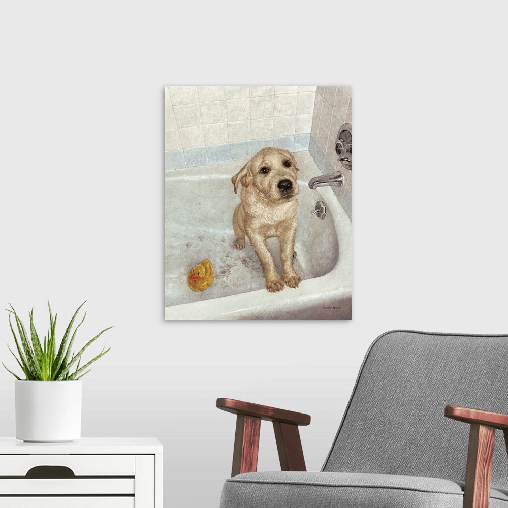 A modern room featuring A yellow Labrador puppy getting a bath in a tub.