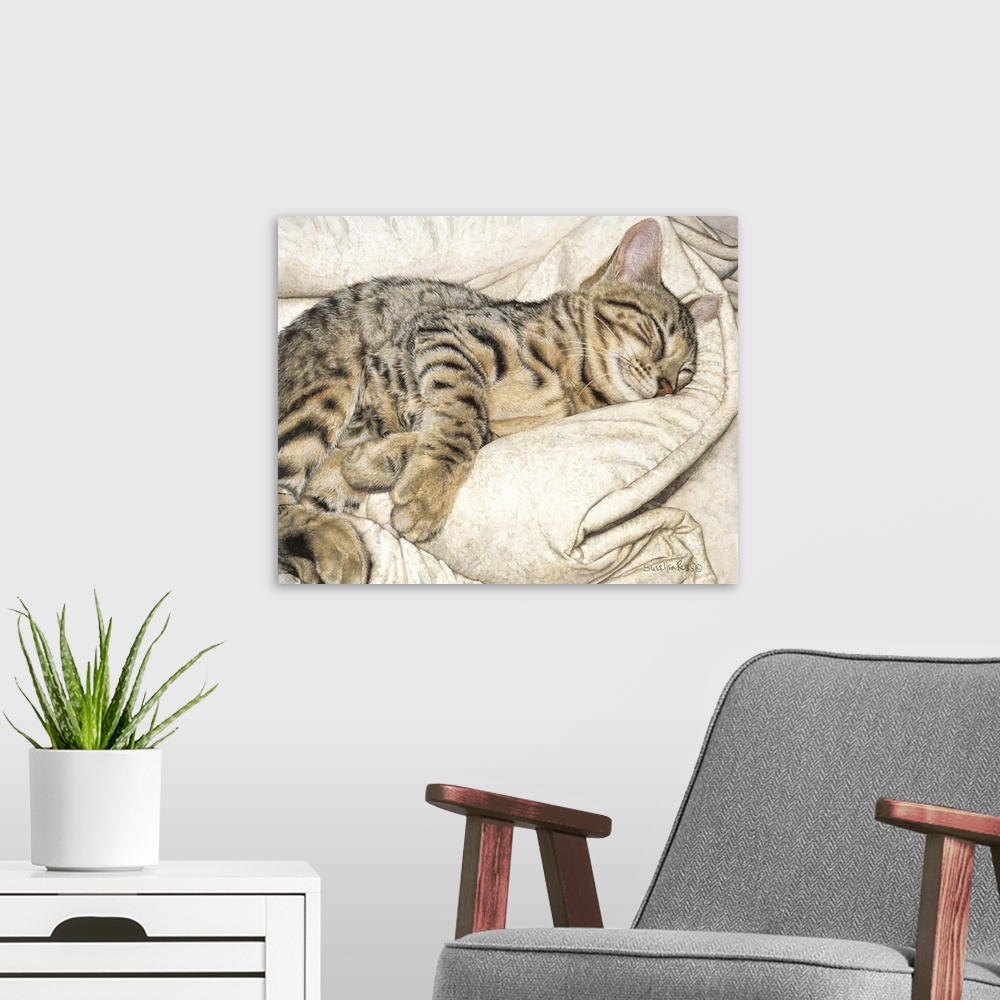 A modern room featuring A striped bengal cat enjoying a nap on a soft blanket.