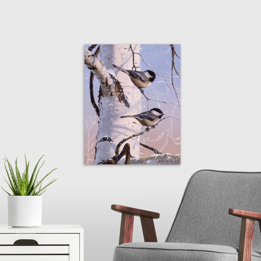 A modern room featuring Chickadees At Dawn