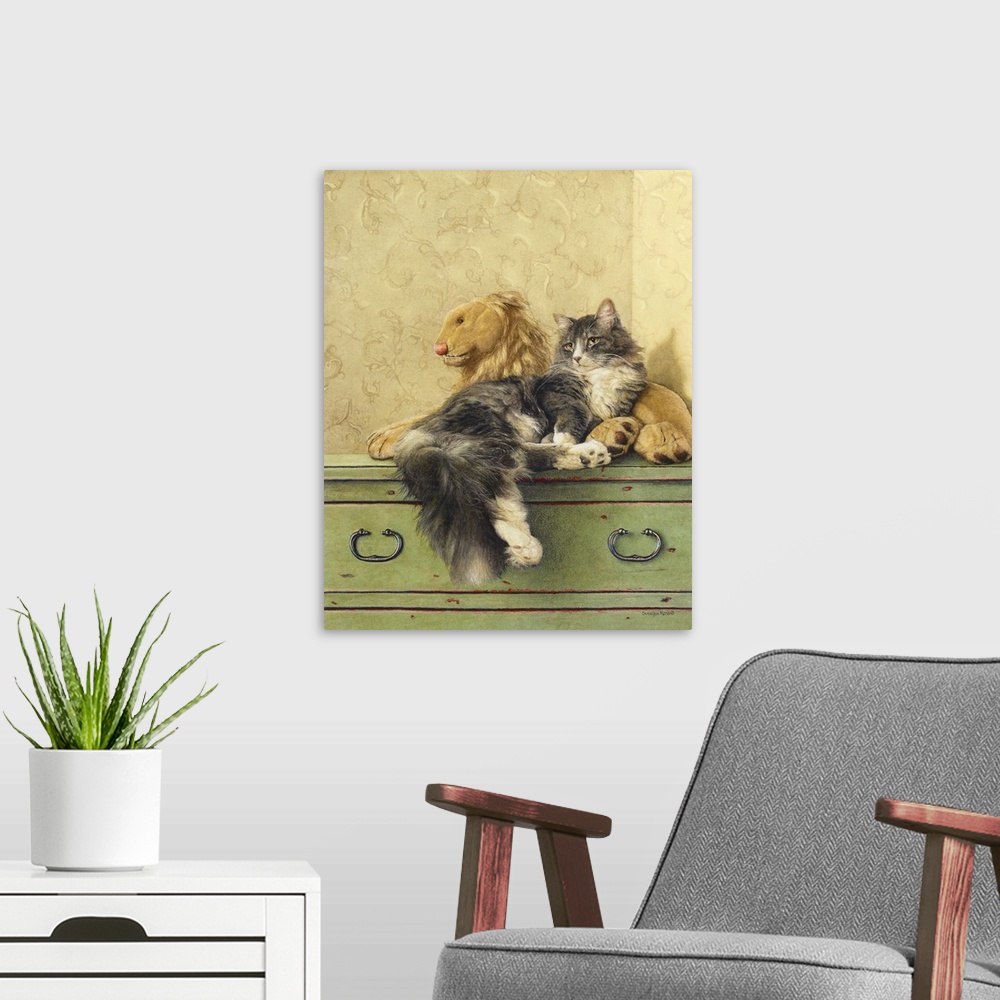 A modern room featuring A vertical image of a gray and white cat laying on a dresser with a stuffed lion.