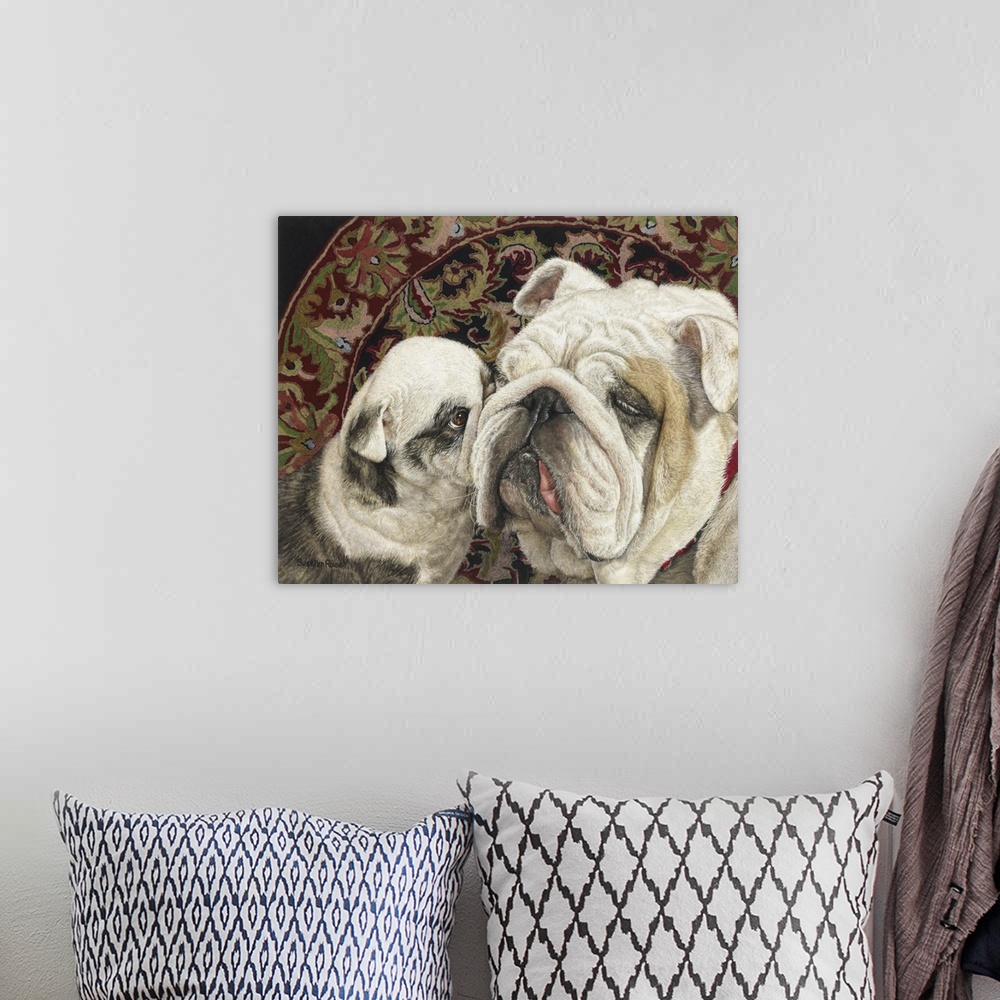 A bohemian room featuring An image of a British bulldog and puppy on a rug.