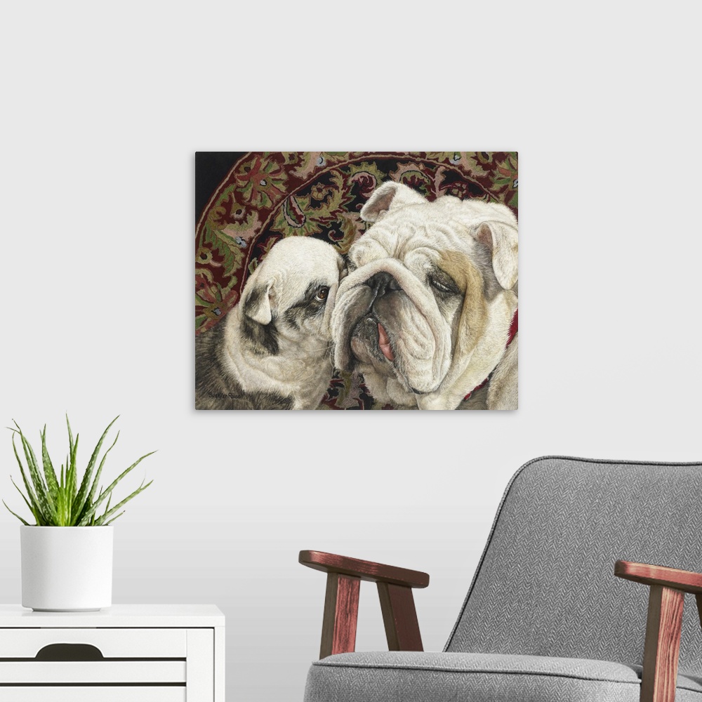 A modern room featuring An image of a British bulldog and puppy on a rug.