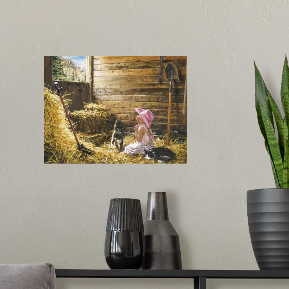 A modern room featuring Artwork of a little girl kneeled down inside a barn on hay with her head raised and hands clasped...