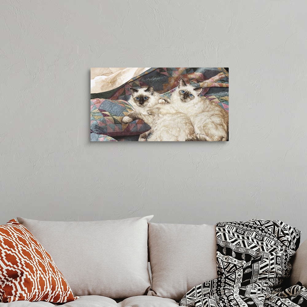A bohemian room featuring A horizontal image of two cats laying on a pastel quilt.