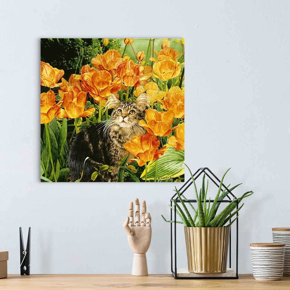 A bohemian room featuring A vibrant image of a kitten sitting among colorful orange and yellow flowers.