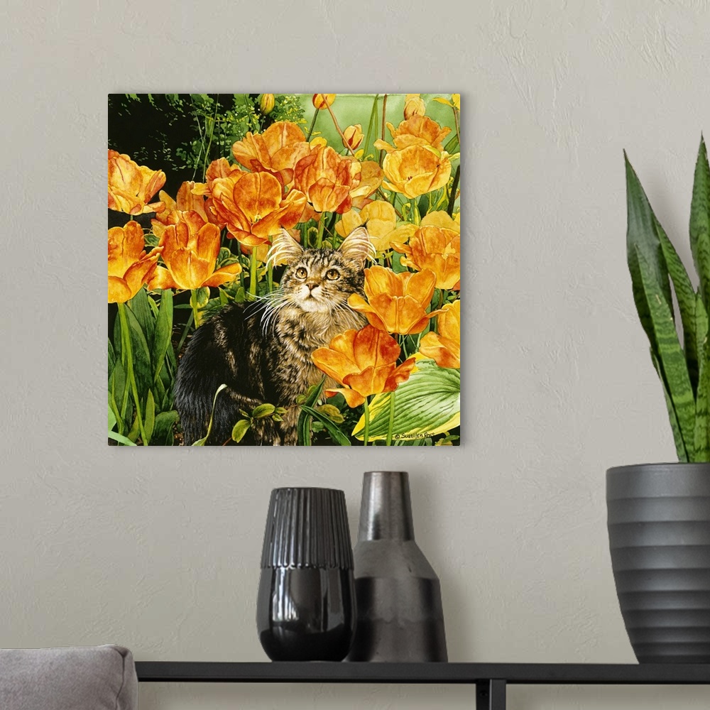 A modern room featuring A vibrant image of a kitten sitting among colorful orange and yellow flowers.