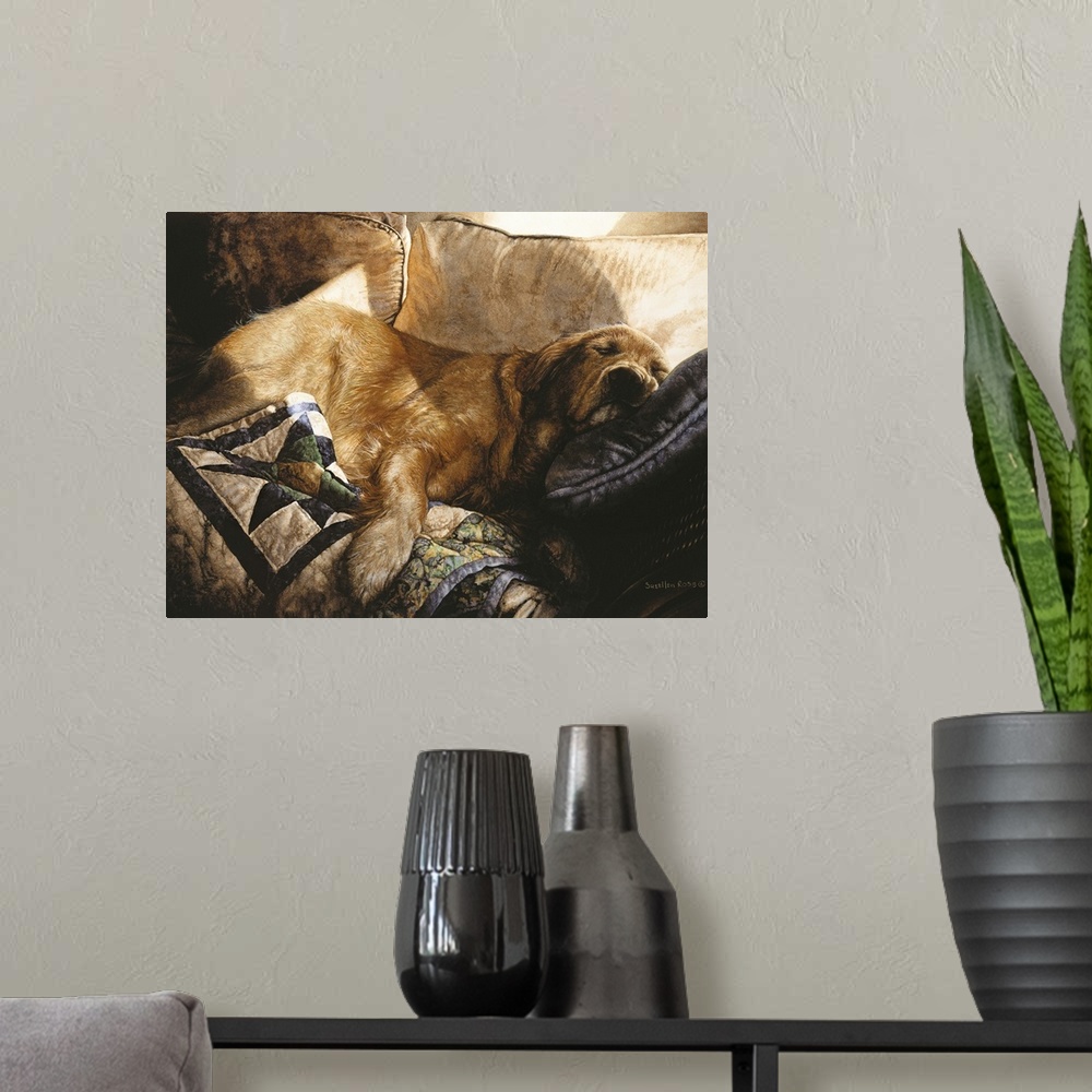A modern room featuring A golden Labrador sleeping on a couch with streaks of sunlight coming in the room.